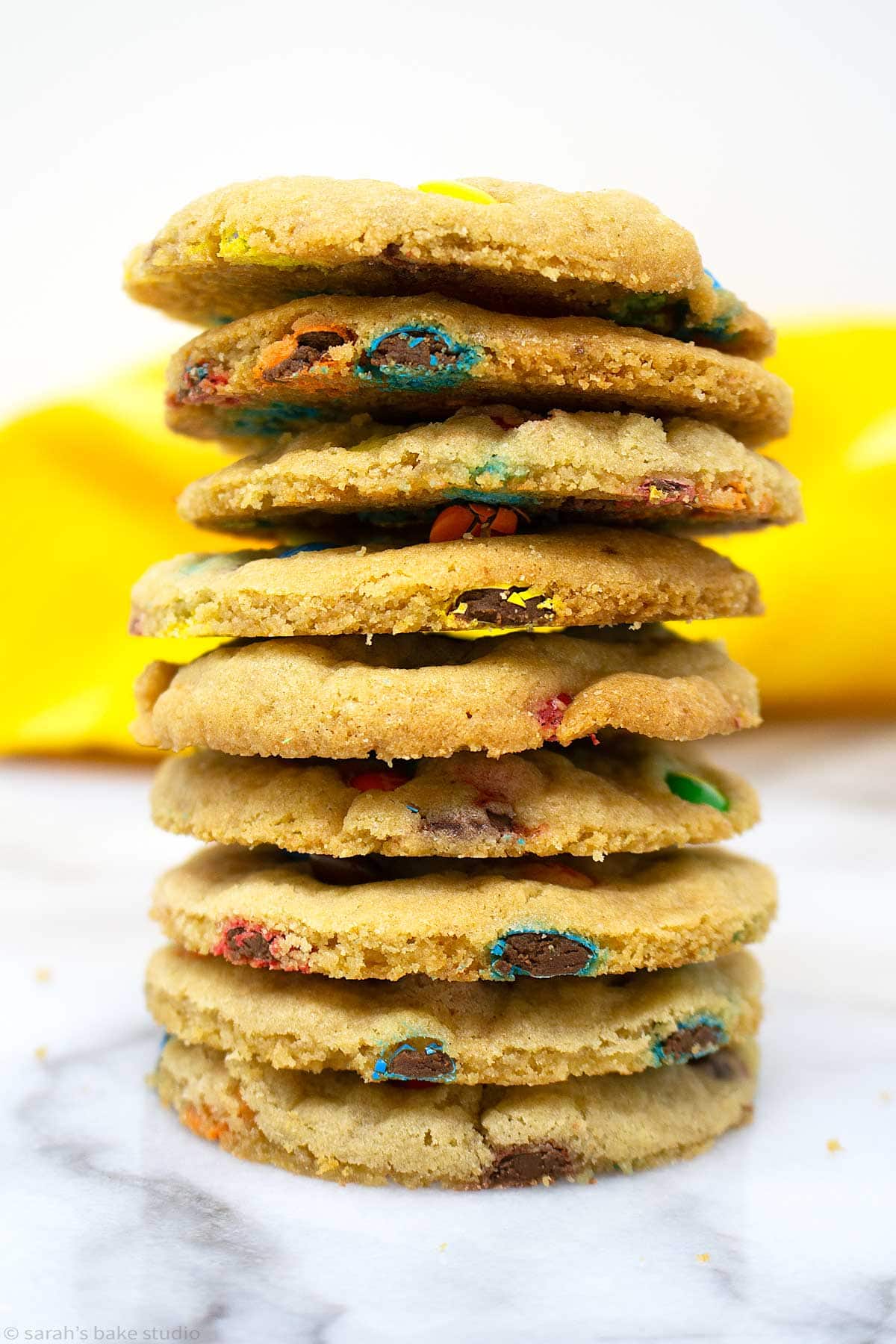 A stacked tower of M&M cookies.