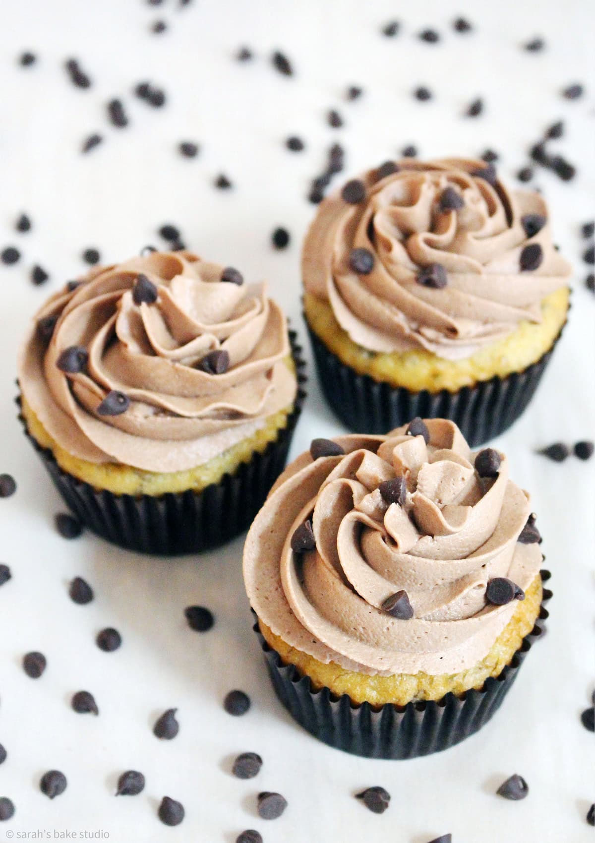 Banana Chocolate Chip Cupcakes with Chocolate Buttercream.