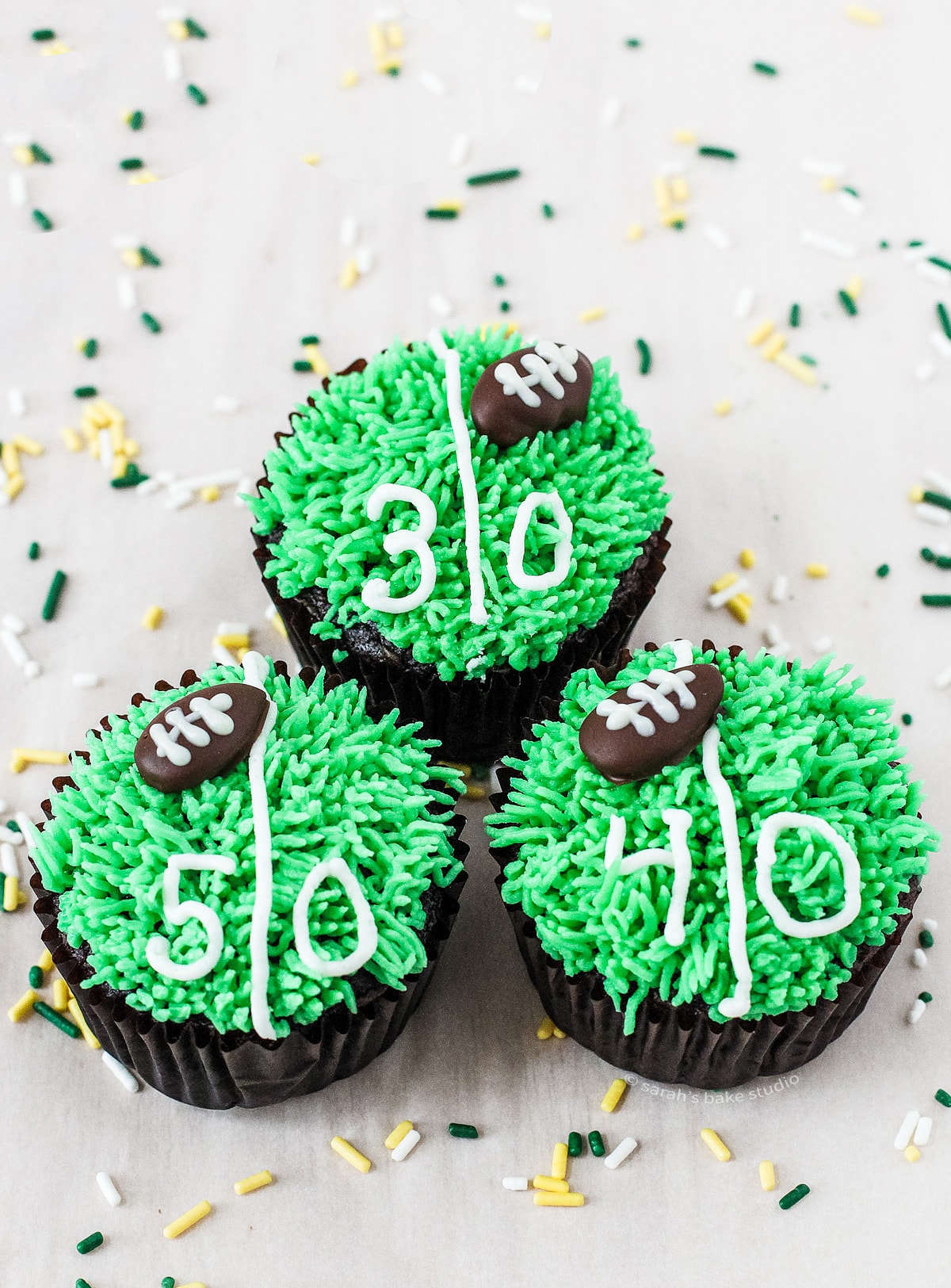 Game Day Football Cupcakes up close.