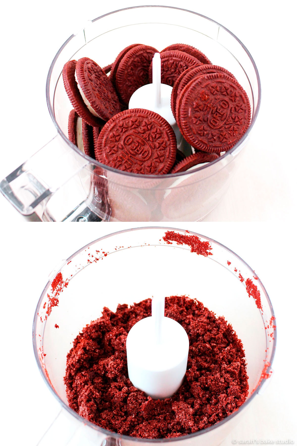 a collage of red velvet oreos in a food processor and then red velvet oreos as crumbs in food processor
