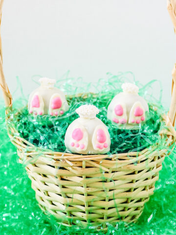 An Easter basket filled with Easter grass and Brownie Bunny Butts.