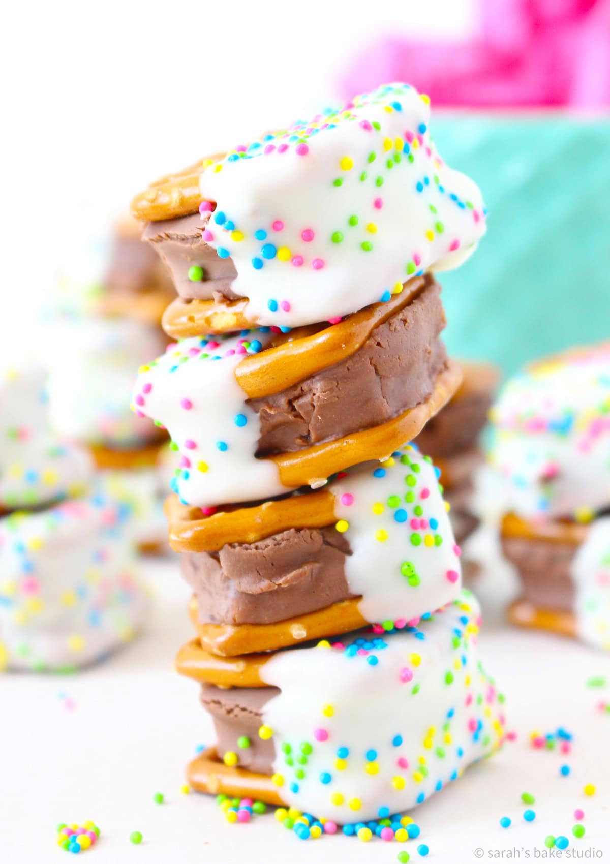 A stacked tower of Milky Way Pretzel Bites.