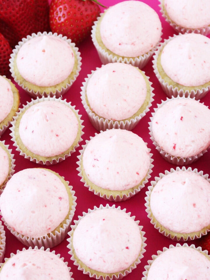A flatlay of Strawberry Banana Mini Cupcakes.