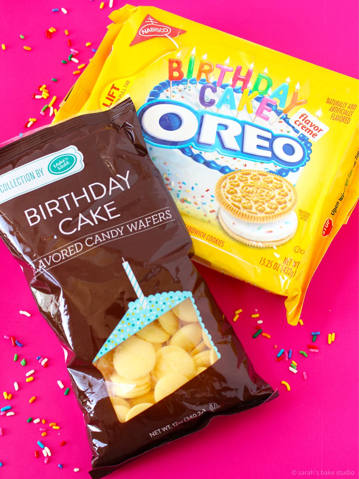 Golden Birthday Cake Oreos and Birthday Cake Candy Melts.
