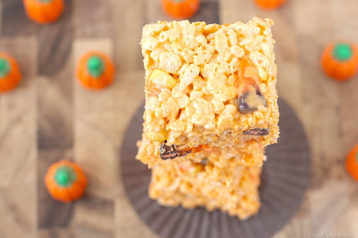 A flatlay of a single Candy Corn Rice Krispies Treat.