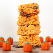 A stacked tower of Candy Corn Rice Krispies Treats.