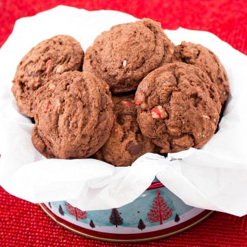 a Christmas tin filled with triple chocolate peppermint cookies.