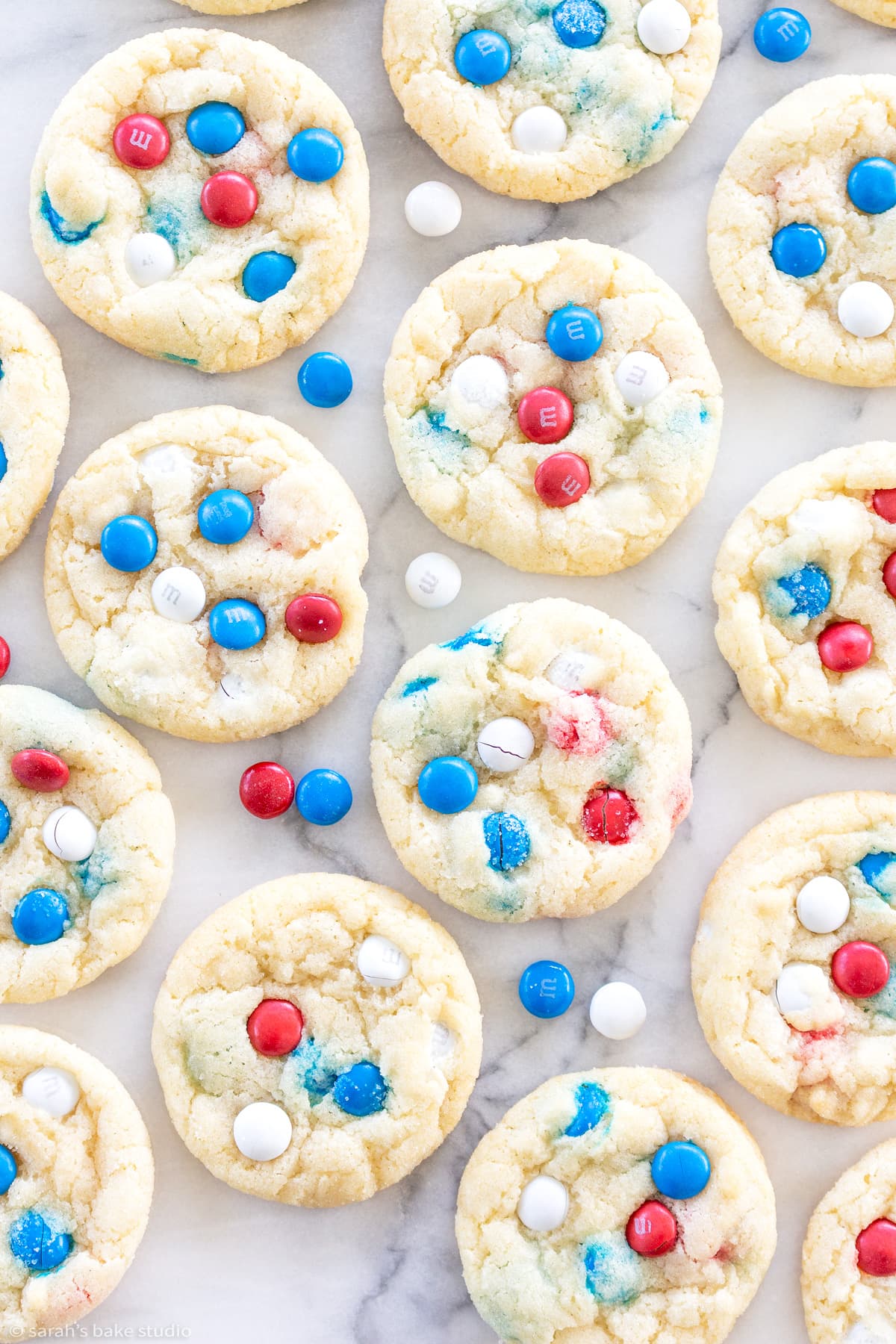 a flatlay of patrioti m&m cookies.