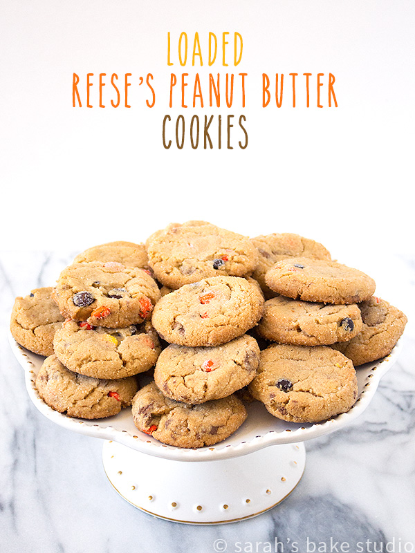 Loaded Reese’s Peanut Butter Cookies – a soft and chewy peanut butter cookie loaded with chopped up Reese’s Peanut Butter Cup Miniatures and Reese’s Pieces.