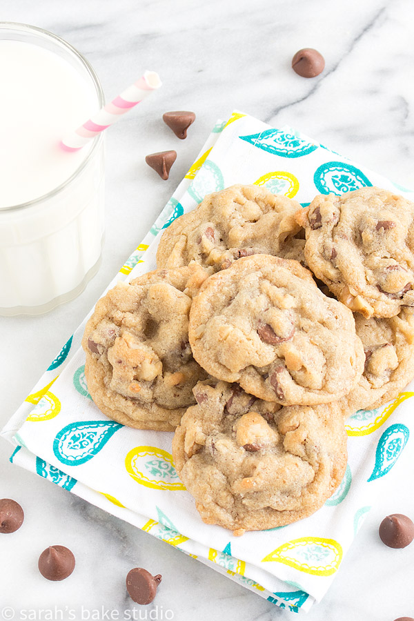A classic favorite, Milk Chocolate Chip Walnut Cookies are loaded with milk chocolate chips and walnuts; they’re made with butter and shortening creating a soft, chewy, and crisp cookie with a lot of texture and flavor!