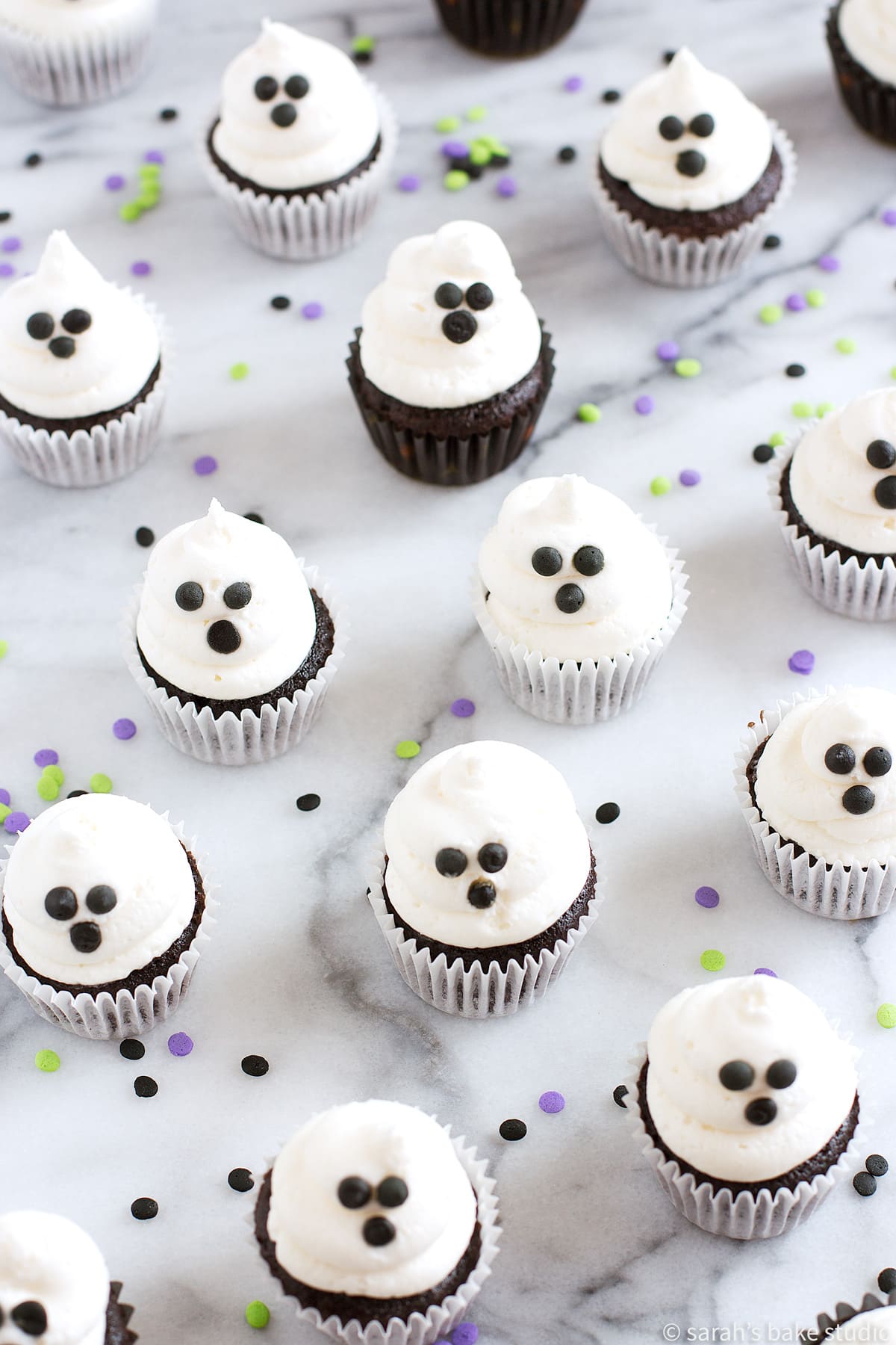 A flatlay of Mini Ghost Cupcakes.