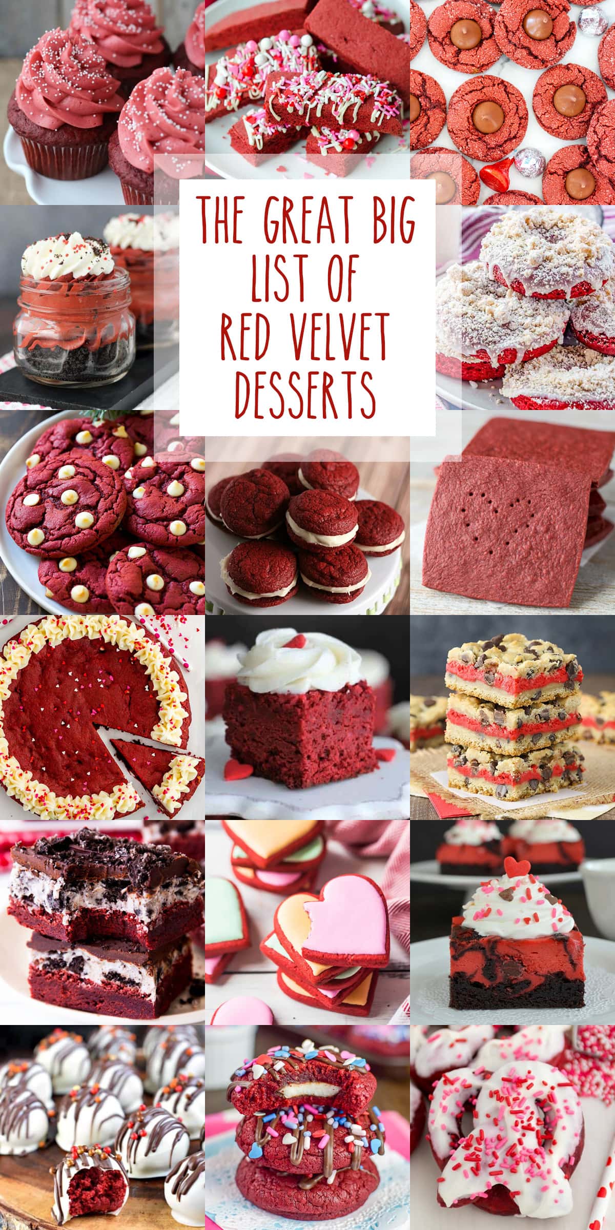 a collage of red velvet desserts.