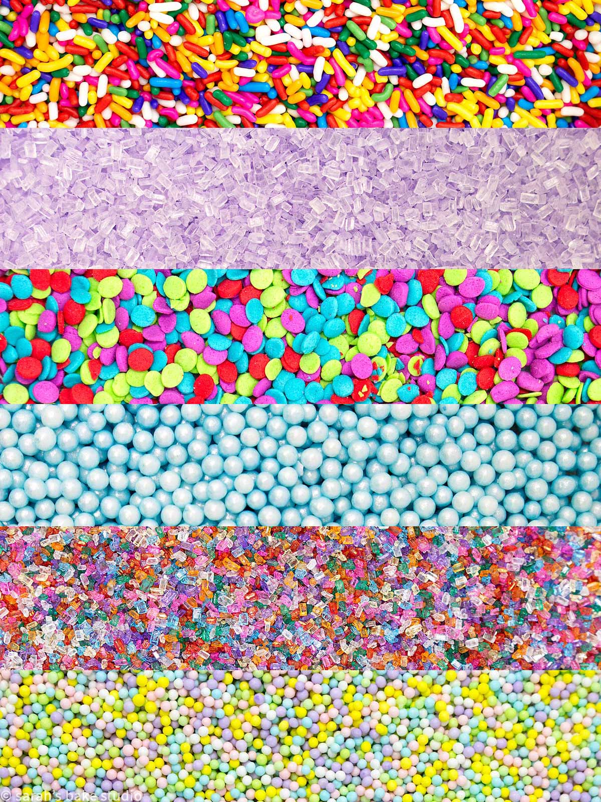 a collage of sprinkles including jimmies, coarse sanding sugar, quins, dragees, nonpareils, and sanding sugar