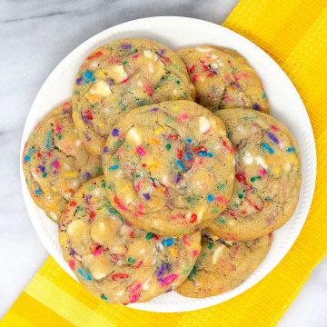 white chocolate confetti cookies on a plate