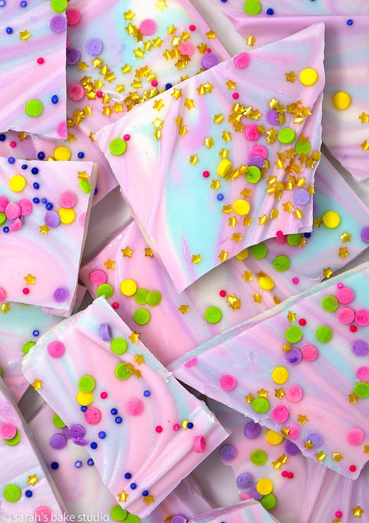 A stack of White Chocolate Unicorn Bark up-close.