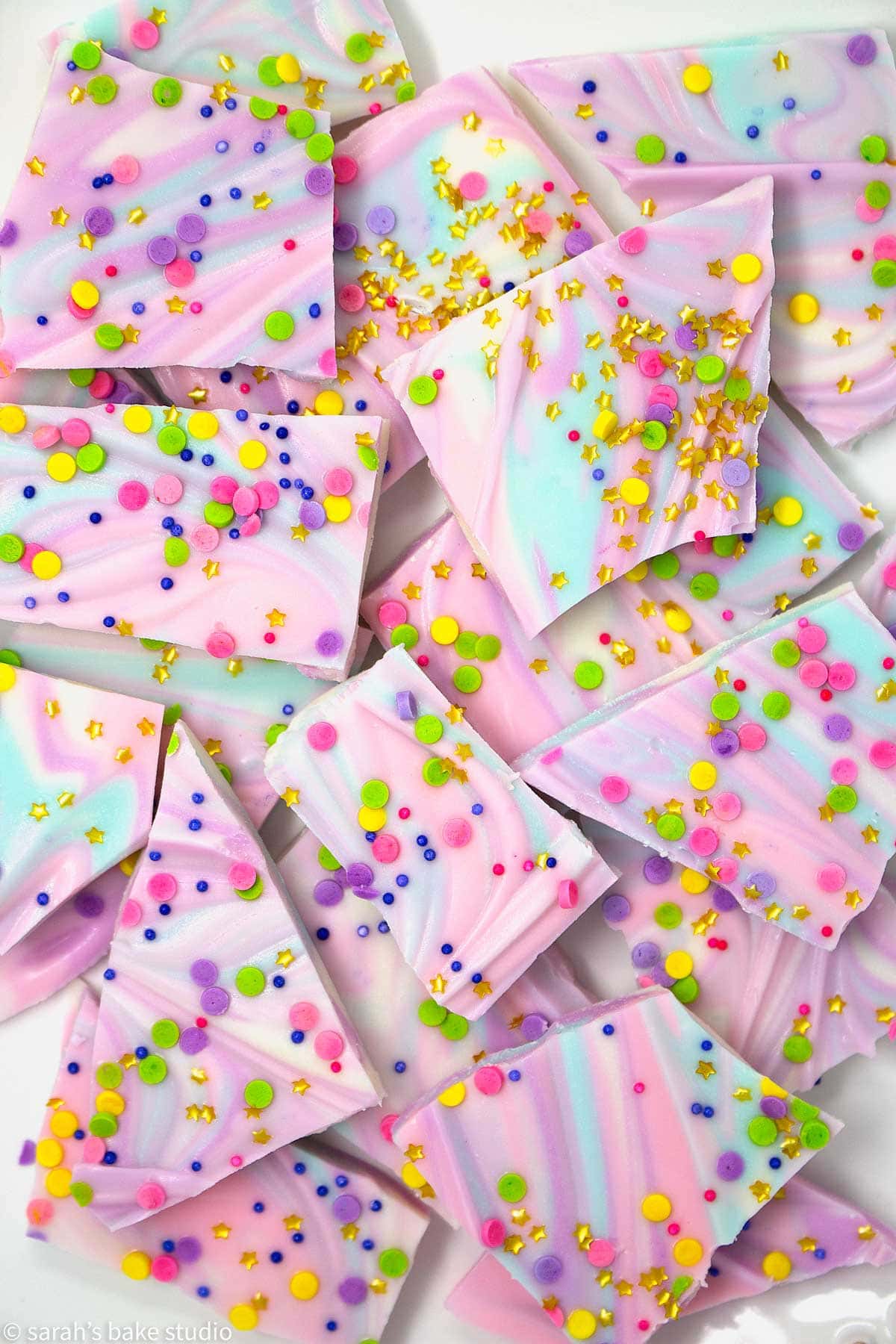 A stacked pile of White Chocolate Unicorn Bark.