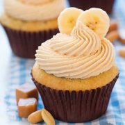 banana cupcakes with salted caramel peanut butter frosting