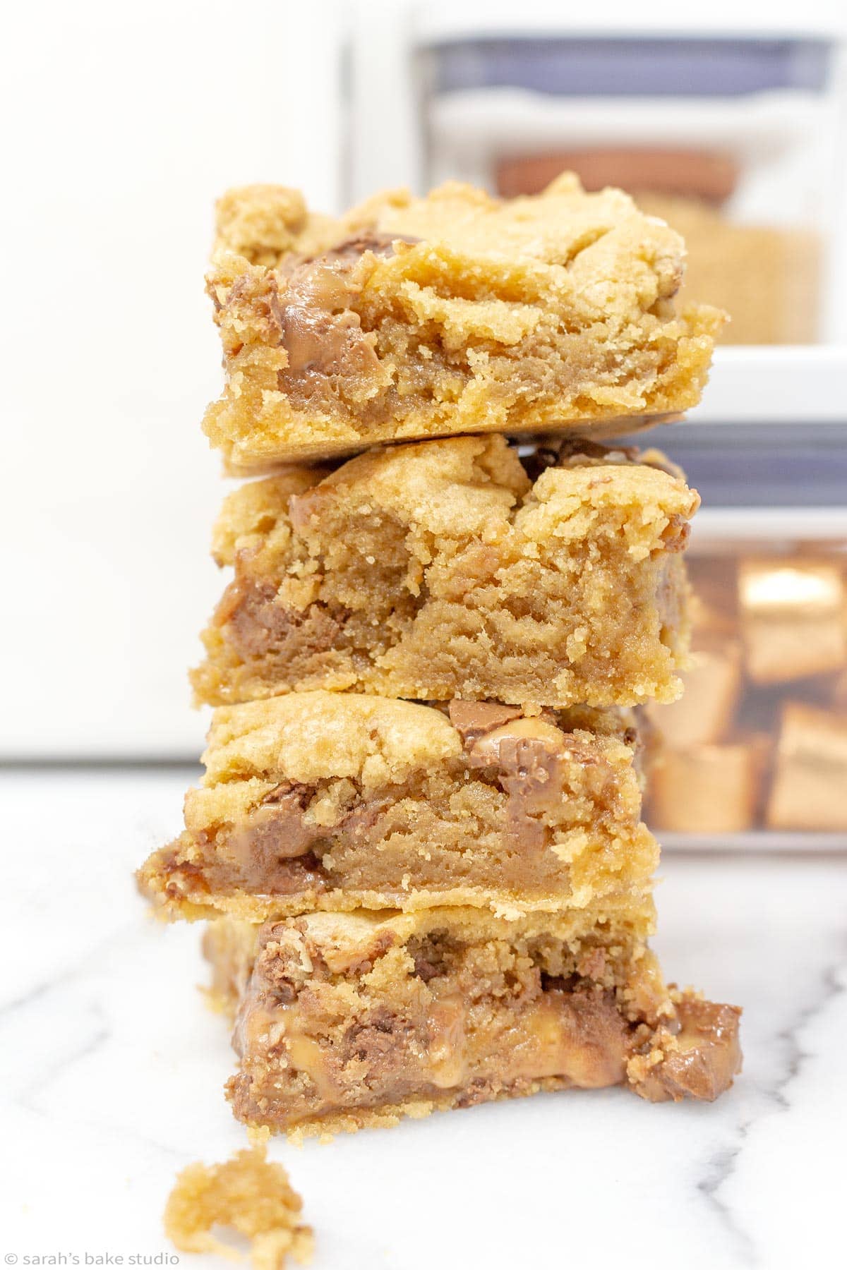 Salted Rolo Blondie Bars stacked in a tower.