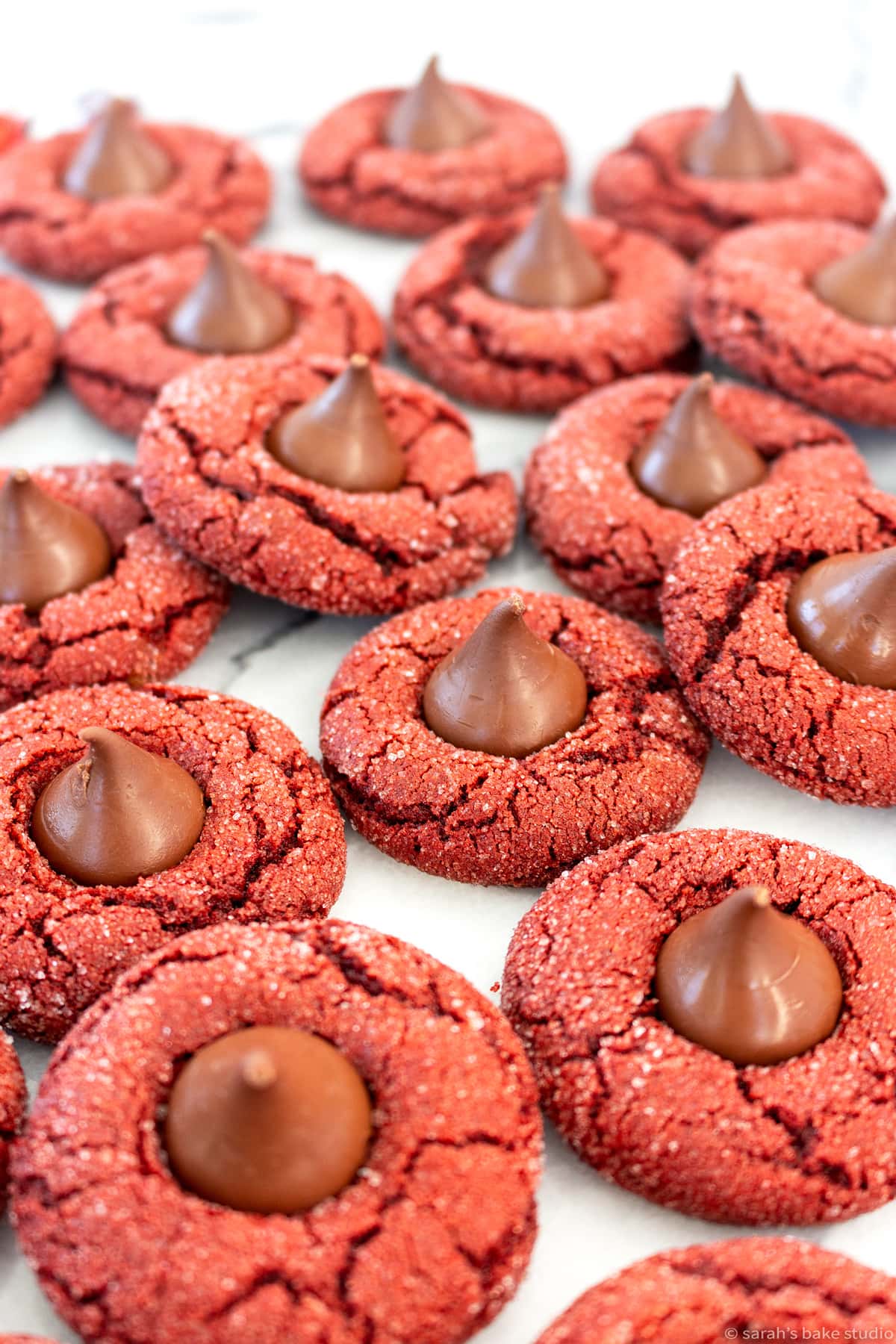 a close up of red velvet cookies.