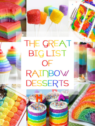 a collage of rainbow desserts and rainbow baked treats.
