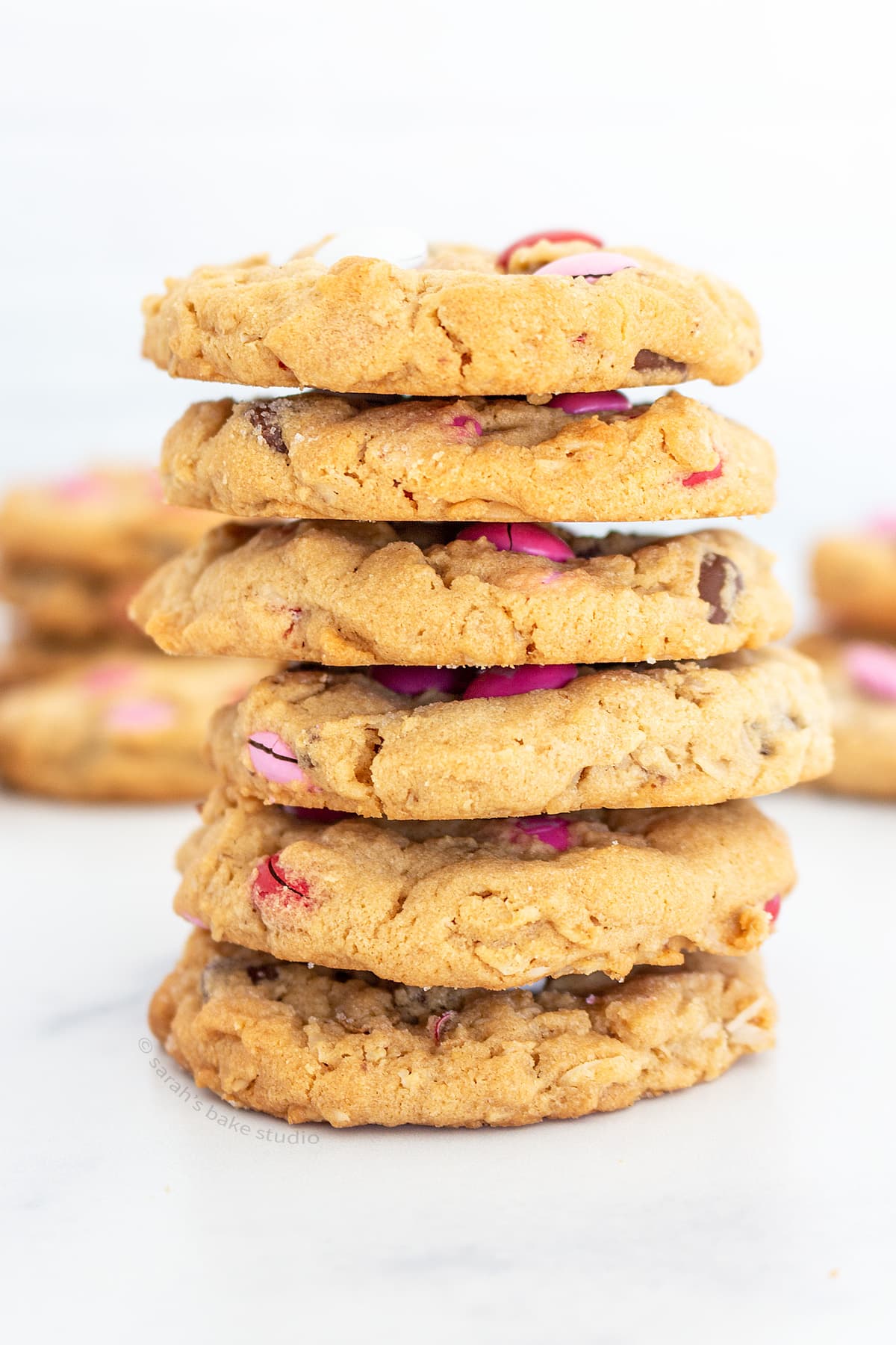 A stacked tower of Valentine Monster Cookies.