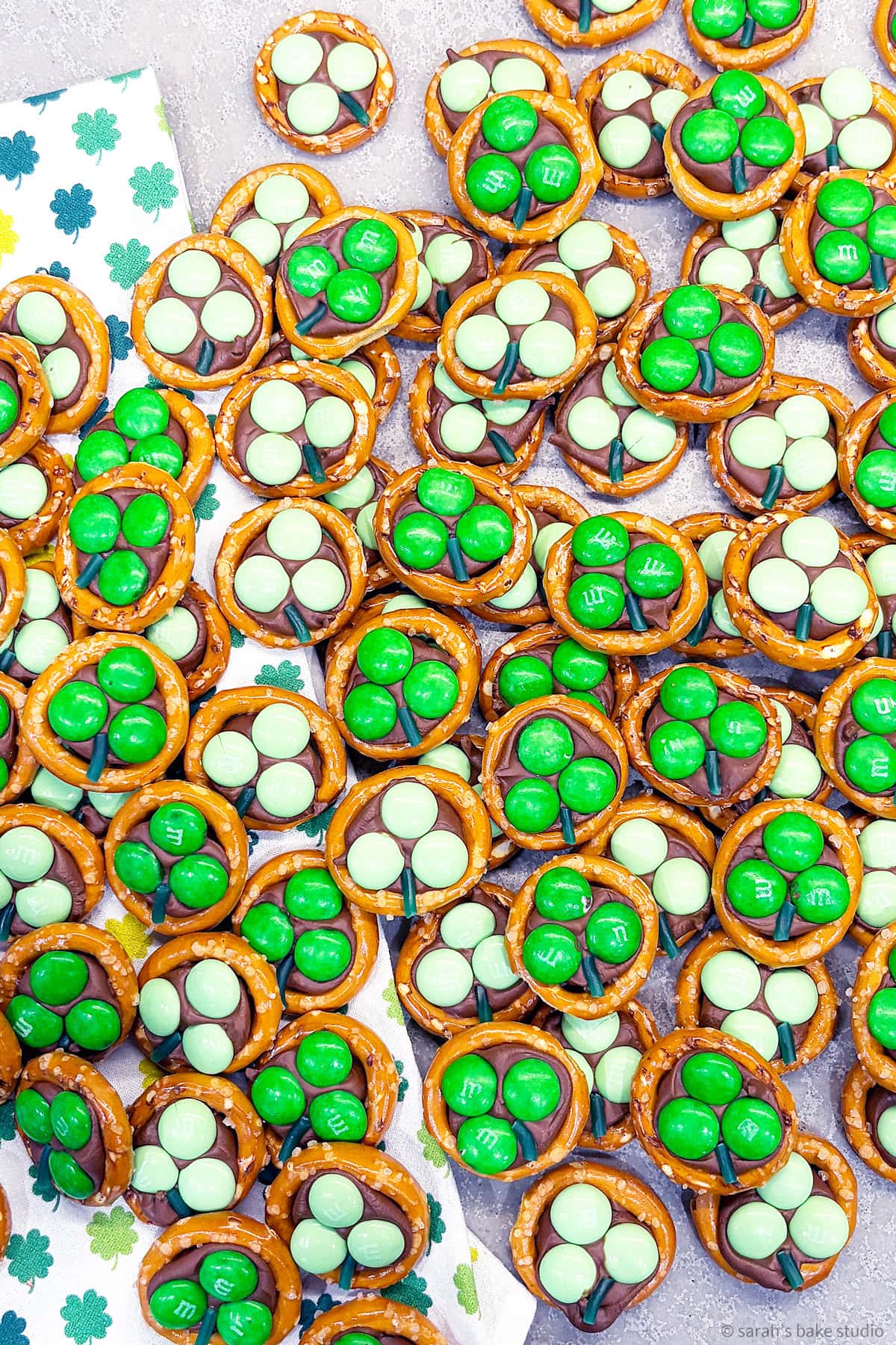 A flatlay pile of Shamrock Pretzel Bites.