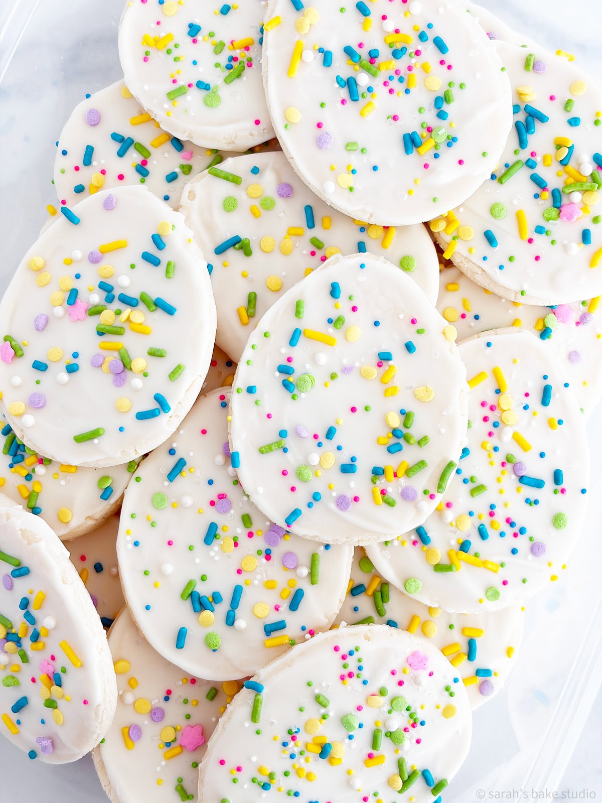 A stacked pile of White Chocolate Easter Egg Sugar Cookies.