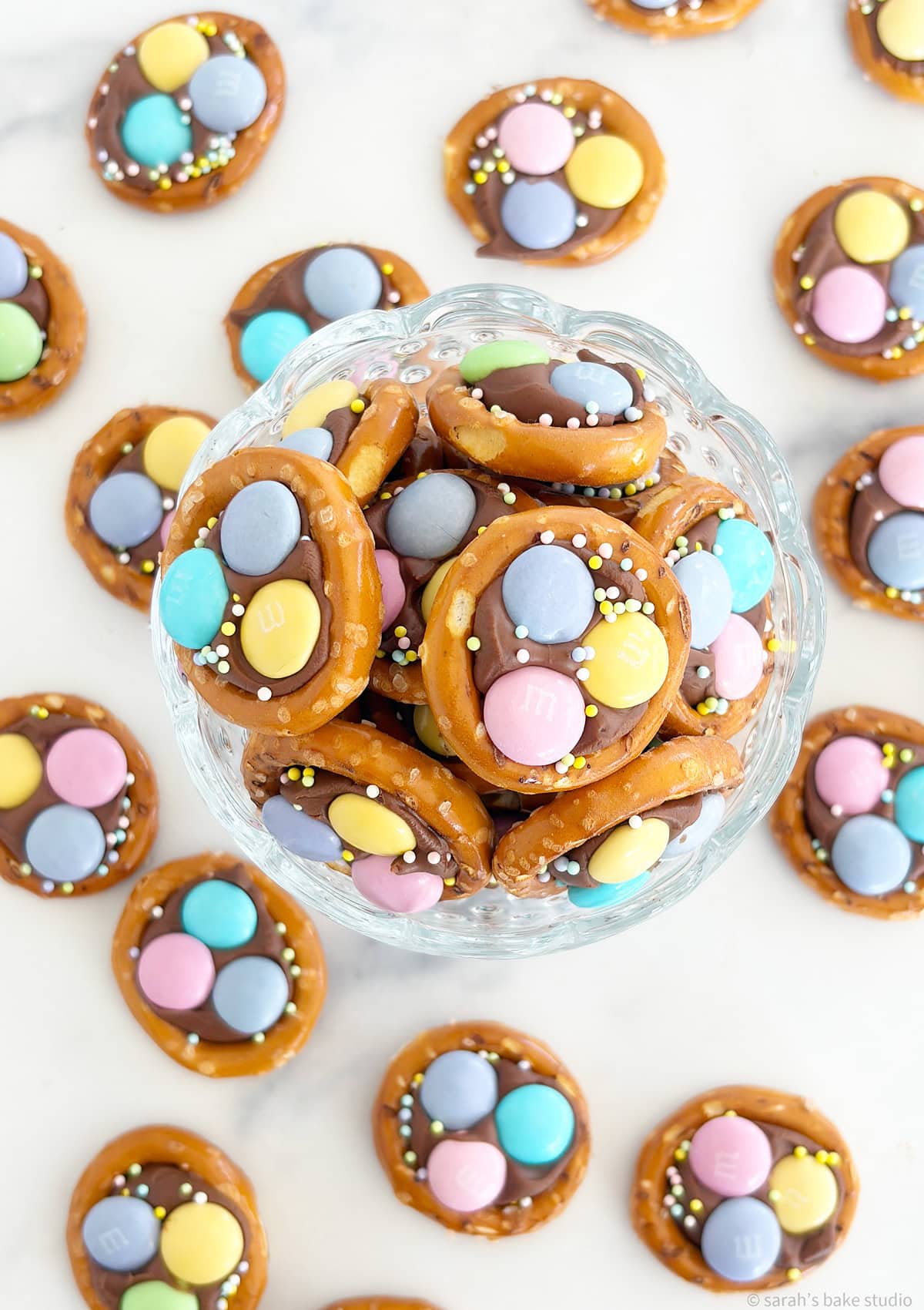 A glass bowl filled with Spring Pretzel Bites.