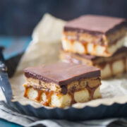 Peanut Butter Cookie Dough Billionaire Bars from Baking a Moment.